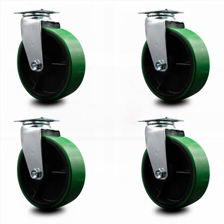 Service Caster 6 Inch Green Poly on Cast Iron Wheel Swivel Caster Set with Roller Bearings SCC SCC-20S620-PUR-GB-4